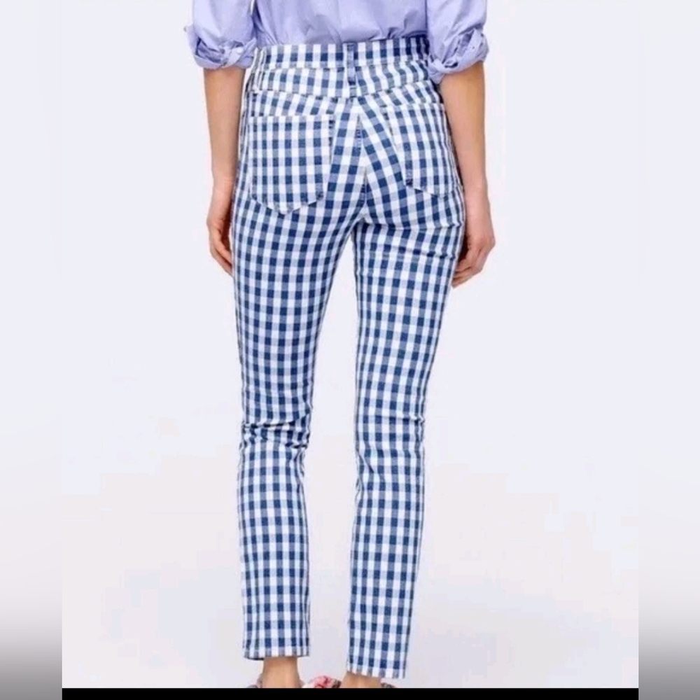 J.Crew Reimagined Blue Gingham Checked Hi Rise Faux Denim Pants Stretch Sz 28x27